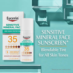 Eucerin Sun Tinted Sensitive Mineral Face Sunscreen Lotion SPF 35, Non-Comedogenic Mineral Sunscreen with Gentle Zinc Oxide Protection for Sensitive Skin, 1.7 Fl Oz Bottle