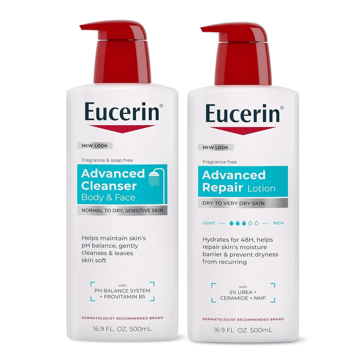 Eucerin Advanced Repair Body Lotion, 16.9 FL OZ Pump Bottle, and Eucerin Advanced Cleansing Body Wash and Face Cleanser, 16.9 FL OZ Bottle, Dry Skin Relief Bundle