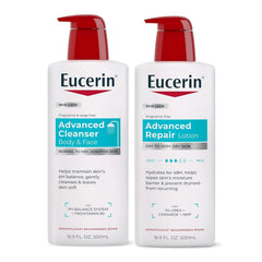 Eucerin Advanced Repair Body Lotion, 16.9 FL OZ Pump Bottle, and Eucerin Advanced Cleansing Body Wash and Face Cleanser, 16.9 FL OZ Bottle, Dry Skin Relief Bundle