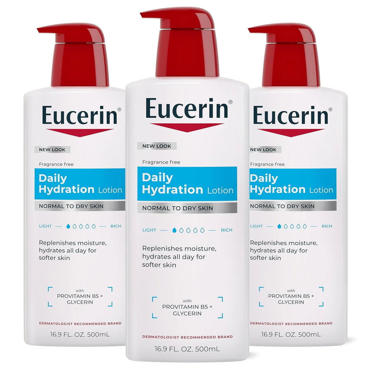 Eucerin Daily Hydration Body Lotion for Dry Skin, Unscented Body Moisturizer with Sunflower Oil and Pro-Vitamin B5, 16.9 Fl Oz Bottle, Pack of 3