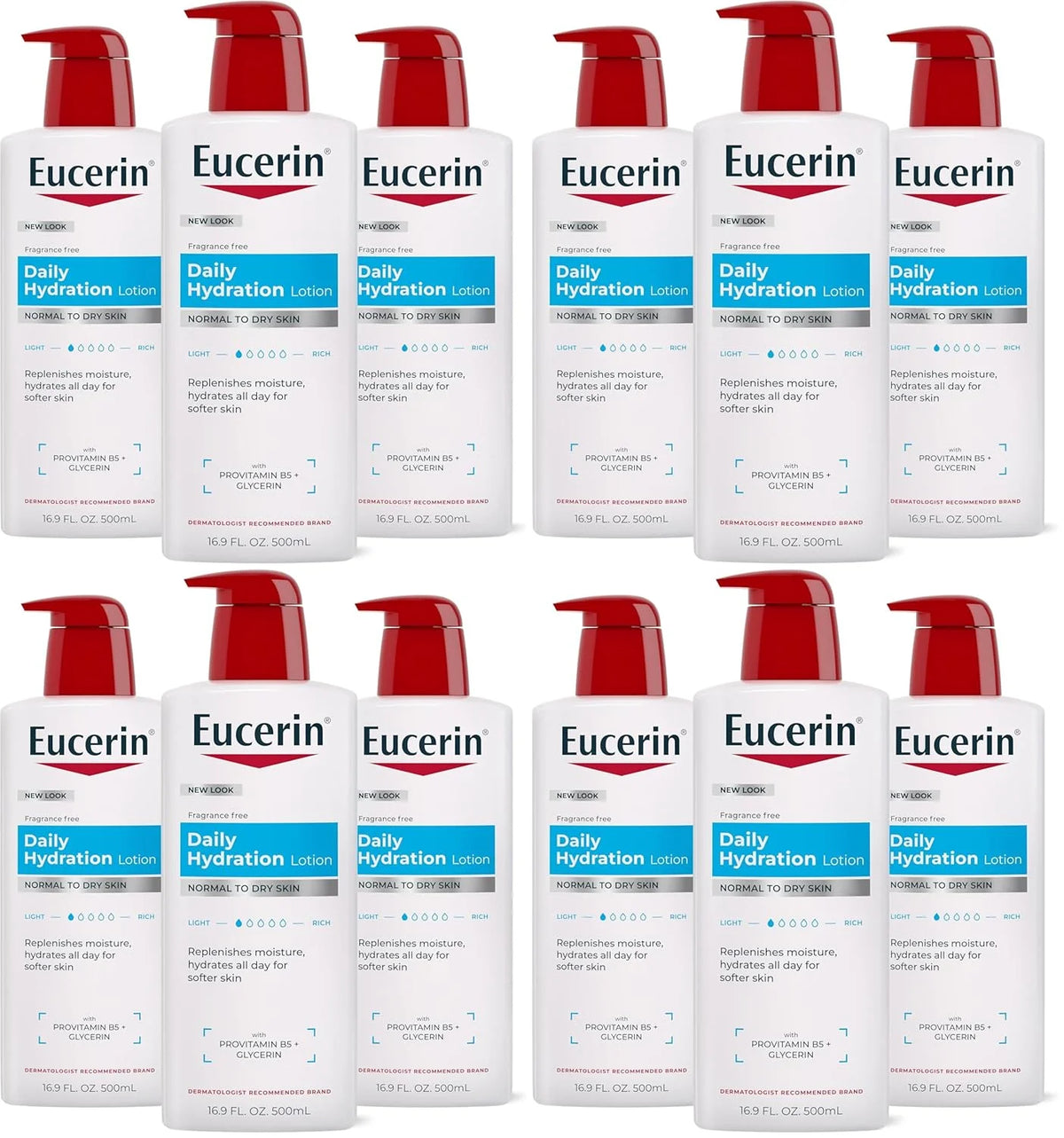 Eucerin Daily Hydration Body Lotion for Dry Skin, Unscented Body Moisturizer with Sunflower Oil and Pro-Vitamin B5, 16.9 Fl Oz Bottle, Pack of 12