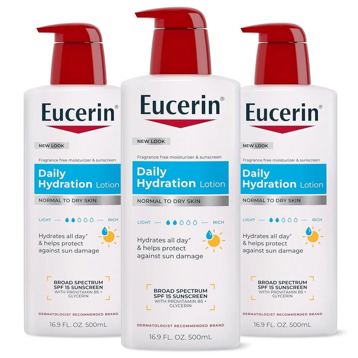 Eucerin Daily Hydration Lotion with SPF 15 - Broad Spectrum Body Lotion for Dry Skin - 16.9 fl. Oz. Pump Bottle (Pack of 3)