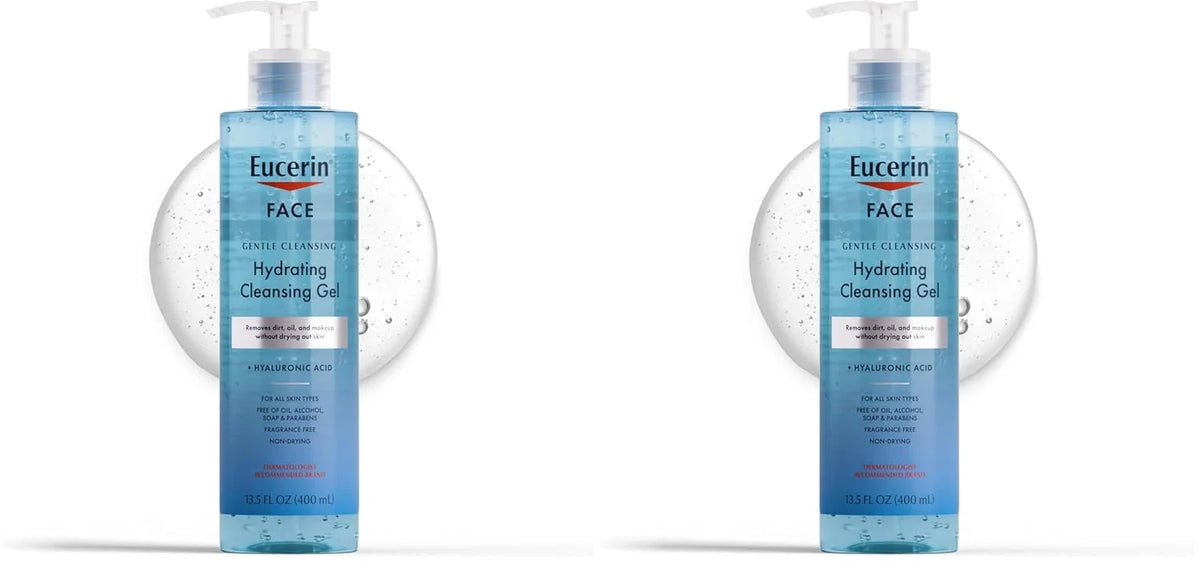 Eucerin Face Gentle Cleansing Hydrating Cleansing Gel,Daily Face Wash and Makeup Remover with Hyaluronic Acid,13.5 Fl Oz Bottle,(Pack of 2)